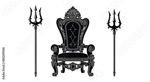 an ornate throne flanked by two tridents is presented as a captivating black silhouette suggesting power and a regal aesthetic silhouette