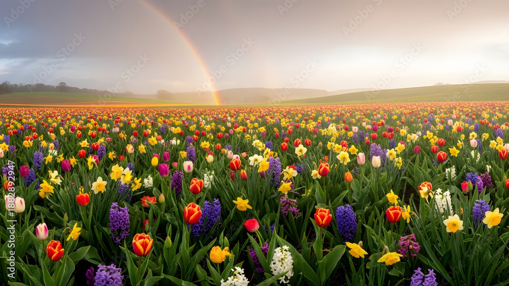 Fototapeta premium Vibrant field of diverse spring flowers blooming under a breathtaking rainbow after a gentle rain, creating a picturesque and colorful landscape scene