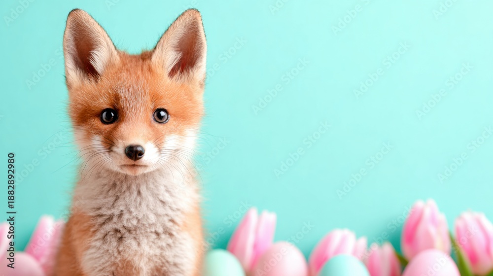Fototapeta premium Cute fox cub sits near colorful eggs and flowers on a blue background