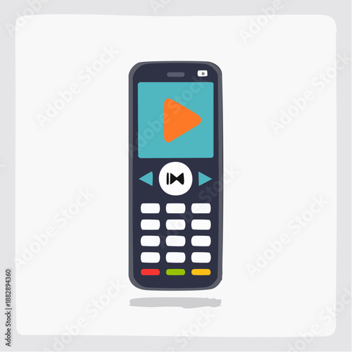 Mobile phone icon. Play button. Video player symbol. Media control. Navigation buttons. Vector illustration. Simple design. Black and white colors. Grey background.