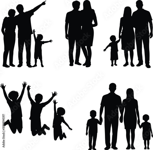 Family silhouette collection showing parents and children standing, walking and jumping together, happy family life concept, parenting, unity, love, relationships and togetherness isolated on white 