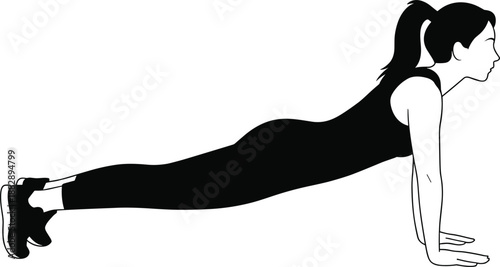 Female athlete performing push up exercise in plank position, fitness workout illustration, strength training concept, bodyweight training, healthy lifestyle, minimalist black silhouette vector