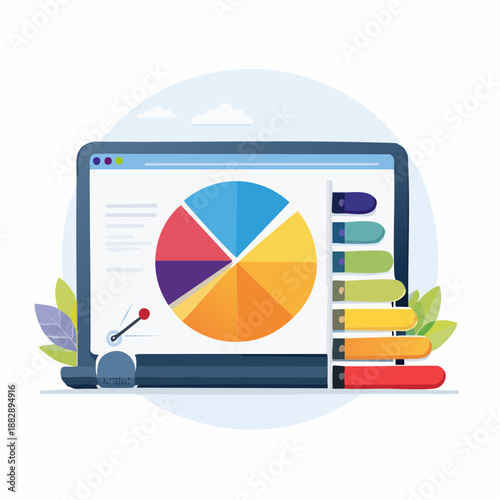 Pie chart on laptop screen. Colorful graph illustration. Business data visualization. Vector infographic. Web analytics. Dashboard design. Chart on computer monitor. Data analysis. White