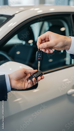 Close-up hand of male dealer giving new car keys to male customer key car vehicle automobile transport security transportation electronic unlock lock buy driver keys