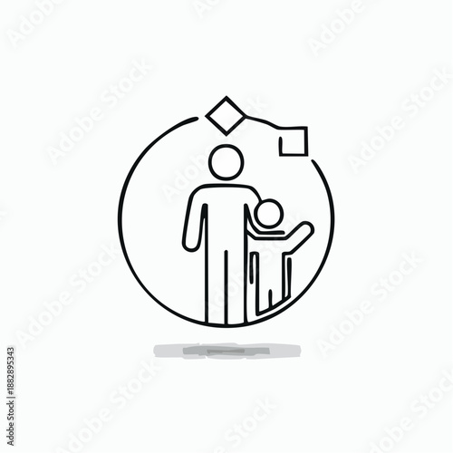 Family protection icon. Parent and child under shield. Safety symbol. Line art style. Black vector illustration. Simple design. White background.