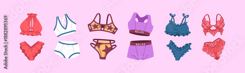 Different sets of sexy female underwear. Fashion lingerie: bras and panties. Stylish lace and sports brassieres and thongs, trendy bikini and undergarments. Flat isolated vector illustrations