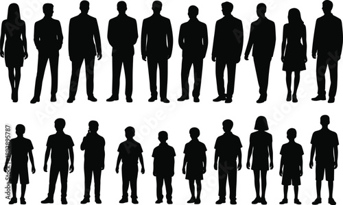 Group of human silhouettes showing adults and children standing together, diverse male and female figures isolated on white background for population, family, and society concepts