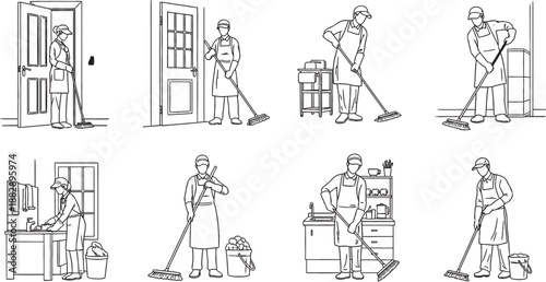 Line art illustrations of a person performing various cleaning tasks in different indoor settings.