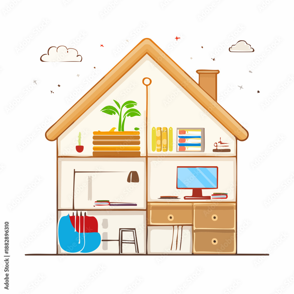 Obraz premium Cutaway house illustration. Sectioned home interior. House with furniture and objects. Cross-section view. Vector drawing. House design elements. Interior decoration. Home office and living