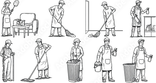 Monochrome line art illustrations depicting various individuals engaged in different cleaning activities and household chores.