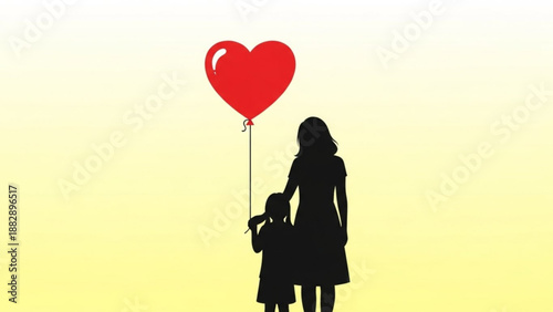 Mother and Daughter Holding Red Heart Balloon Silhouette against Yellow Background