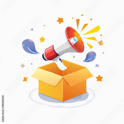 Megaphone in a box. Vector illustration of loudspeaker. Announcement icon. Box with megaphone. Starburst and confetti. White background. Celebration symbol. Public speaking. Marketing