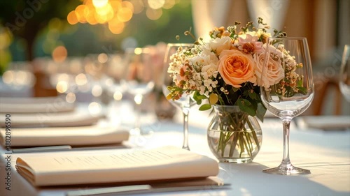 A beautifully set outdoor table with floral centerpiece, wine glasses, and menus. Golden light
