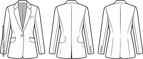 Men’s tailored blazer jacket technical flat sketch showing front and back views, clean vector line drawing for fashion design, apparel manufacturing, and garment construction reference