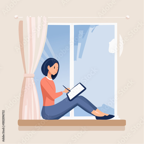 Woman sitting on windowsill. Girl writing on notepad. Vector illustration of person at home. Indoor scene. Window with curtain. Simple cartoon style. Blue jeans. Orange shirt. Black hair.
