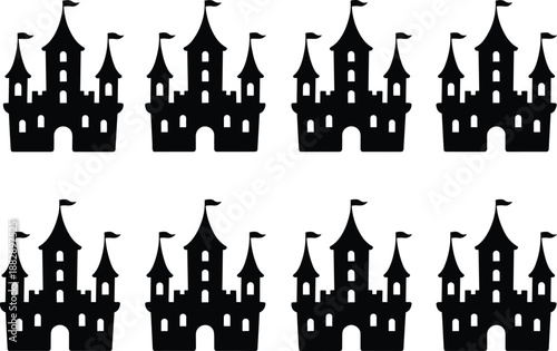 Seamless repeating medieval castle silhouette pattern with fairy tale fortress towers, fantasy architecture shapes, black cutout design isolated on white background