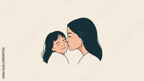 Mother and Daughter Hugging with Love, Tender Moment, Simple Line Art Illustration