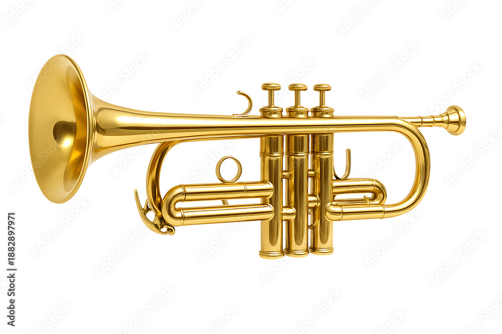 Fototapeta premium Elegant Orchestral Trumpet Musical Instrument Rendered in Gold Metal Finish on Clean White Backdrop