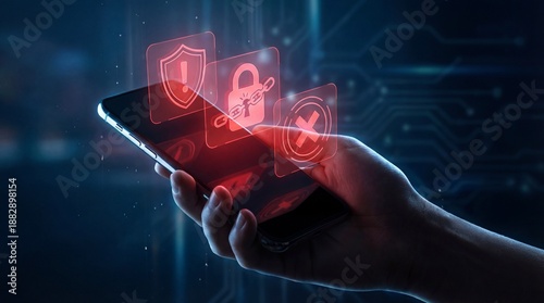 Hand holding smartphone with red warning icons, representing mobile cybersecurity threat, data breach, hacking alert, malware attack, and digital privacy risk in modern smart device environments.