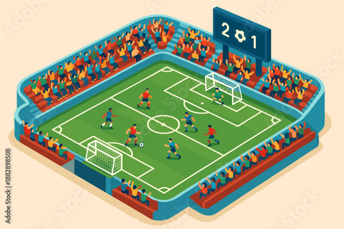 Isometric soccer stadium with players and fans celebrating a thrilling match