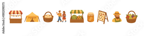 Farmers market elements collection with stalls, produce, and people in flat design