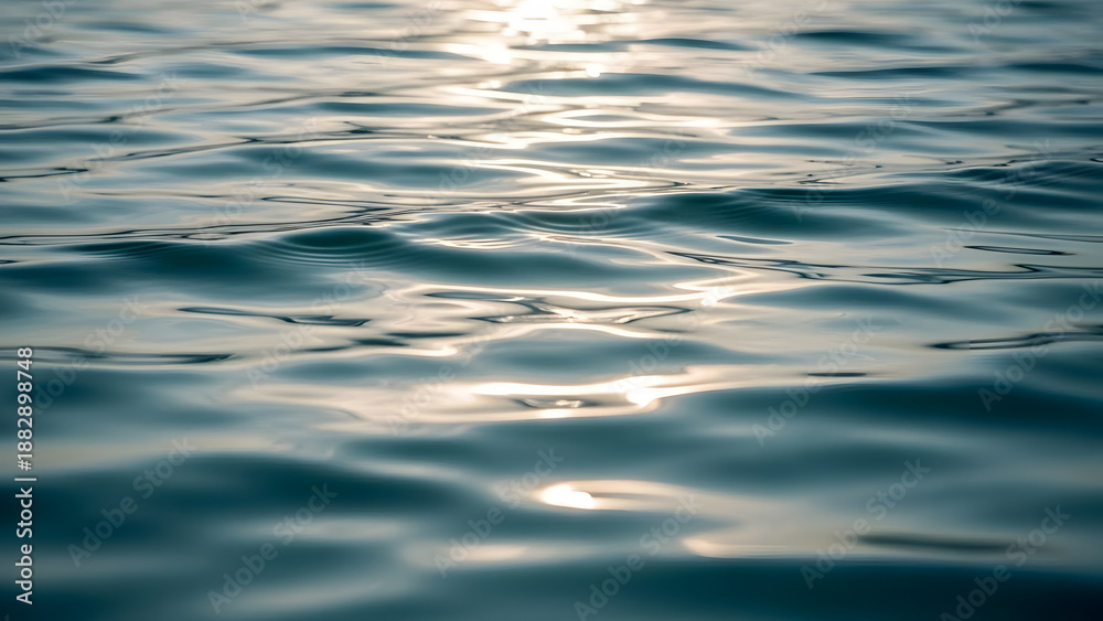 Naklejka premium Captivating close-up of sun-dappled water surface, showcasing intricate ripples and shimmering light reflections, evoking a sense of calm and natural serenity