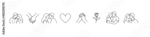 Minimalist couple love icons featuring hugs, kisses, and hearts