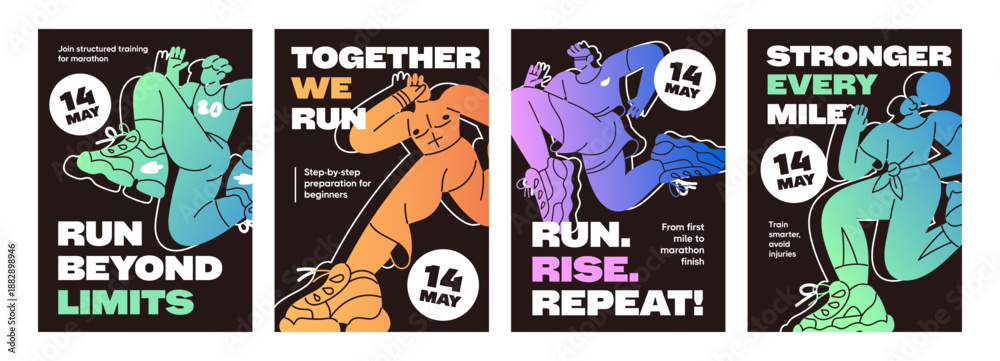 Naklejka premium Advertising templates of marathon set. Sports event posters design with silhouettes of jogging people on layouts. Promotions for running competitions for runners and joggers. Flat vector illustrations