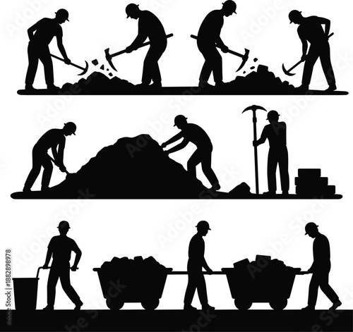 Silhouette of manual labor workers performing mining and construction tasks, teamwork in industrial environment, hard work concept, labor force illustration isolated on white background