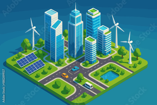 Sustainable urban cityscape with renewable energy and modern architecture