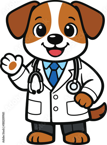 Cute Cartoon Dog Doctor Mascot Wearing Stethoscope and Waving - Vector Character Illustration