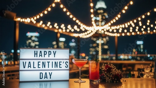 Happy Valentines Day Celebration with Cocktails and City Lights.