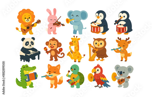Cute musical animals playing instruments in cartoon style