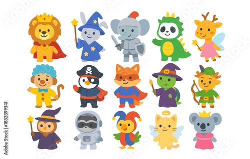 Cute cartoon animal characters in costumes: fantasy and fairy tale themes