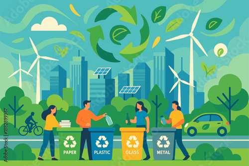 Eco-friendly city recycling scene with wind turbines and solar panels