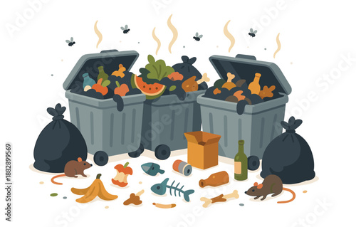 Overflowing trash bins with rotting food and pests in flat style
