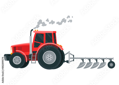 Tractor ready to plowing the field in rural or countryside land. Farm life, equipment for soil cultivation. Vector cartoon illustration