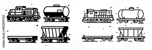 Vector illustration of various trains and rail cars in black and white