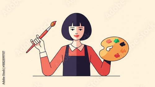 Female Artist Painting with Brush and Palette, Isolated on Beige Background, Cartoon Style