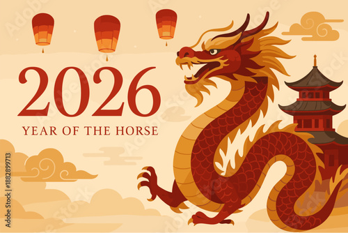 2026 year of the horse celebration with majestic dragon and lanterns