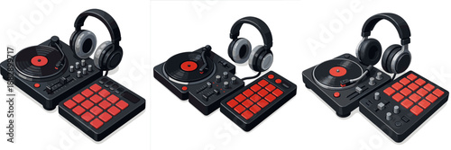 DJ set with turntables and headphones for mixing music