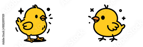 Cute yellow chicks in playful poses, enjoying a sunny day