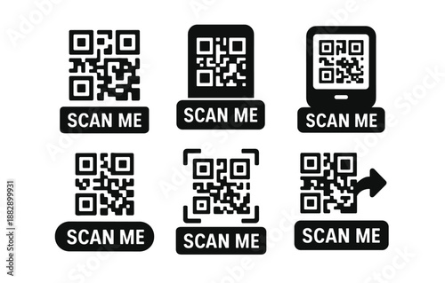 Qr code icons with scan me labels for digital and print media