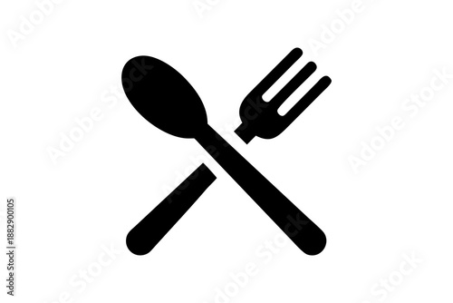 Spoon and Fork Crossed Icon – Restaurant, Food and Dining Symbol. Simple utensil icon with spoon and fork crossed over each other. Black silhouette of crossed spoon and fork icon.