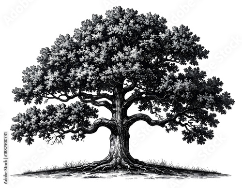 Majestic Oak Tree: The image showcases a grand, robust oak tree, its expansive canopy reaching towards the sky, its deep roots anchoring it firmly to the earth, a symbol of strength and longevity.