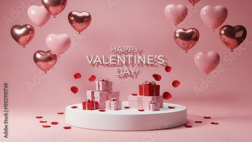 Romantic Valentines Day Celebration with Gifts and Heart Balloons.