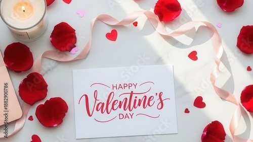 Romantic Valentines Day Flat Lay with Laptop and Rose Petals.