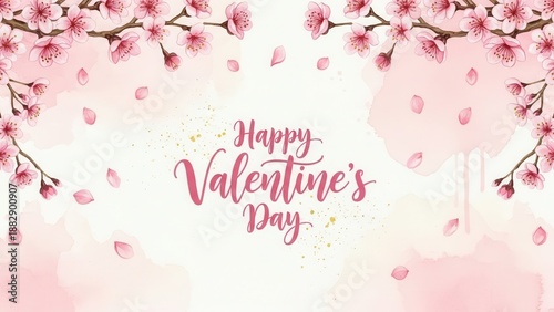 Beautiful Cherry Blossom Branches with Falling Petals and Happy Valentines Day Text.