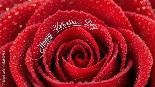 Close-up Macro Shot of a Dew-Kissed Red Rose with Happy Valentines Day Text.