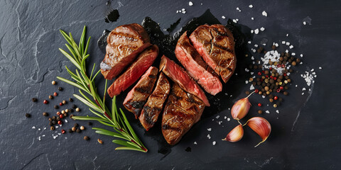 Grilled steak slices arranged in a heart shape, garnished with rosemary, salt, and peppercorns on a dark slate background. Perfect romantic meat dish for Valentine's Day dinner.